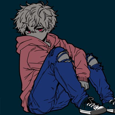 a male hoddie ripped jeans messy hair anime