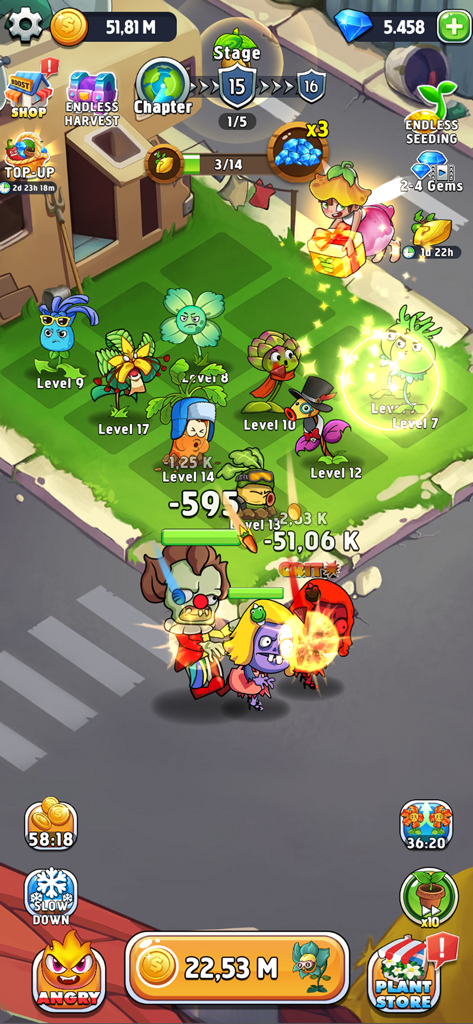 Merge Plants - Monster Defense - Leveled up plants defending a garden against clown zombies in Merge Plants Monster Defense