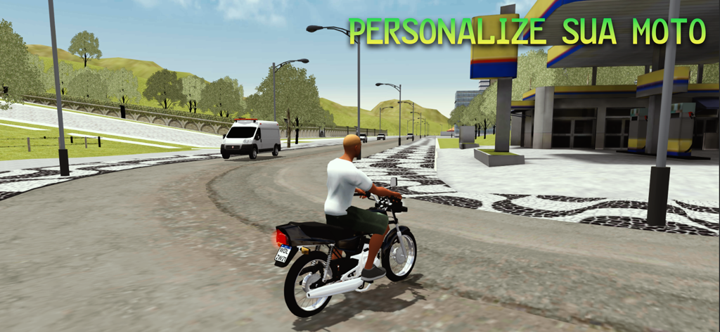 Motos Brasil Online - A player riding a black motorcycle on a city street in Brazil with a gas station in the background.
