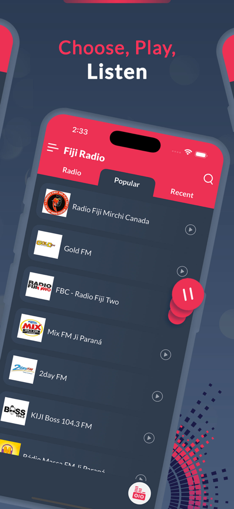 Fiji Radio Stations - FM AM - Interface of the Fiji Radio Stations app showing a popular list of FM and AM channels.
