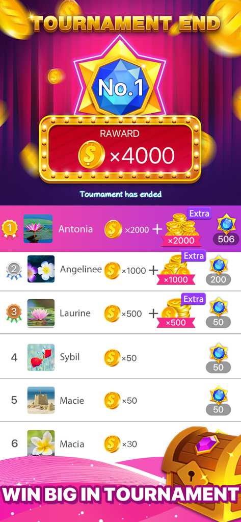 Word Crossy - A Crossword game - Tabla de clasificación del torneo de Word Crossy que muestra a los ganadores y las recompensas en monedas.