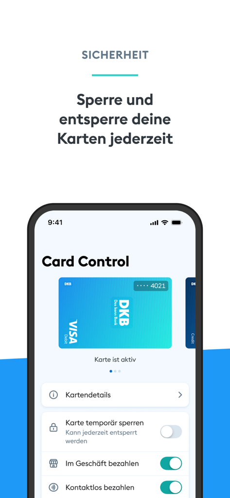 DKB banking app interface showing card control settings and the option to lock or unlock a Visa debit card for security.