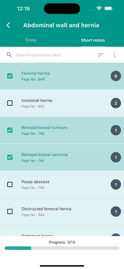 Plexus MBBS - A medical study checklist for abdominal wall and hernia topics featuring textbook page references and a study progress bar