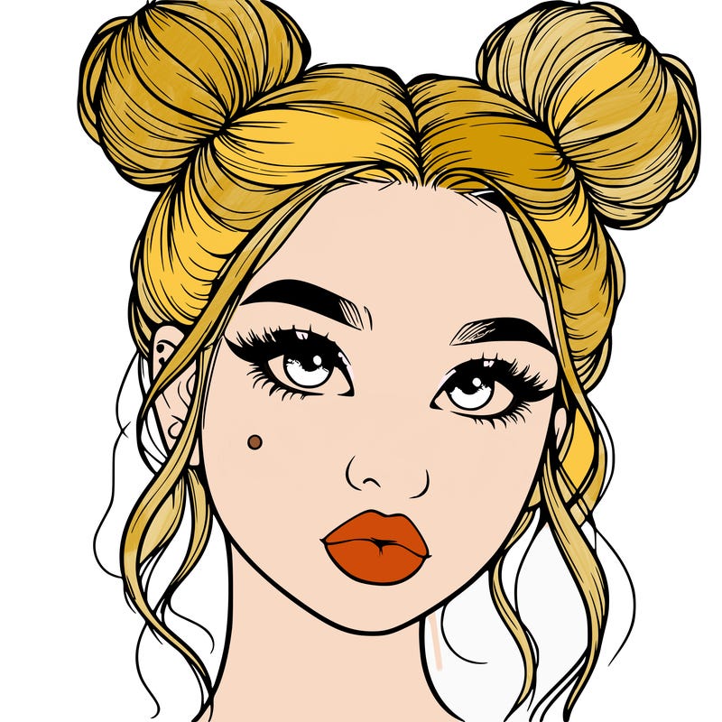 realistic girl with two buns on her hair and lips