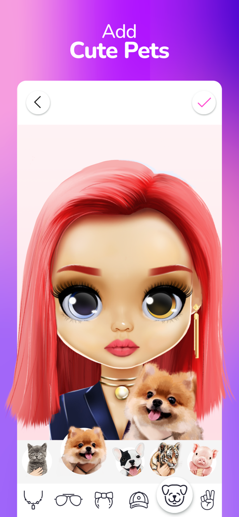 Dollicon - Doll Avatar Maker - Interfaz de la aplicación Dollicon que muestra un avatar de muñeca con cabello rojo sosteniendo un perro pequeño con otras opciones de mascotas como un gato y un cerdito