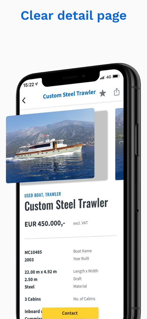 Schermata dell'app Boat24 che mostra un annuncio dettagliato di barca con prezzo e specifiche