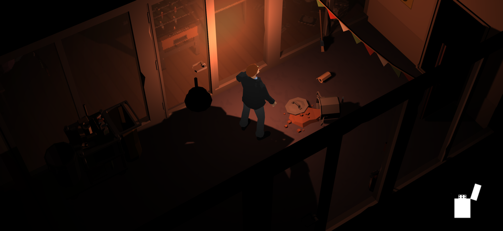 Edward The Detective: Exit - Detective Edward standing in a dark room with a spilled bucket and orange light from a doorway in the game Edward The Detective Exit