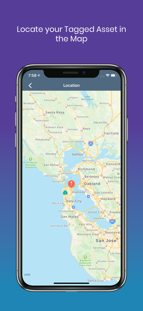 mAssetTag mobile app screen showing the GPS location of a tagged asset on a map of the San Francisco Bay Area