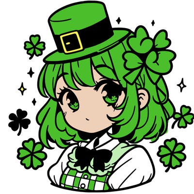 a manga-style girl with clovers around her, a little hat in her hair, like it's saint patrick's day
