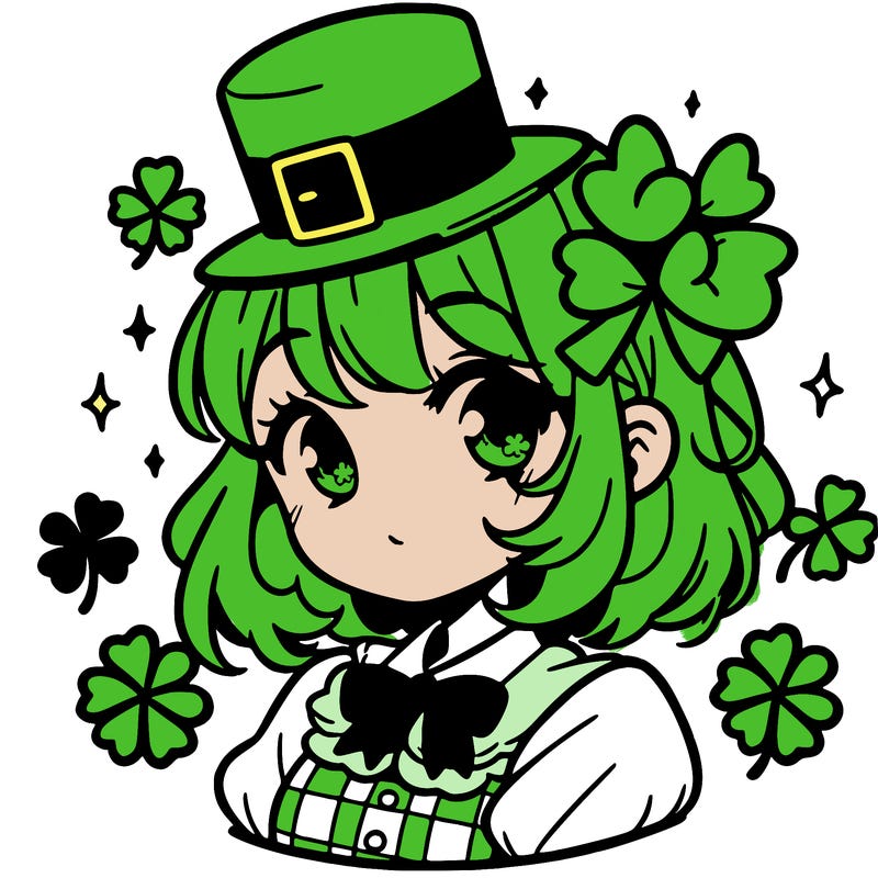 a manga-style girl with clovers around her, a little hat in her hair, like it's saint patrick's day