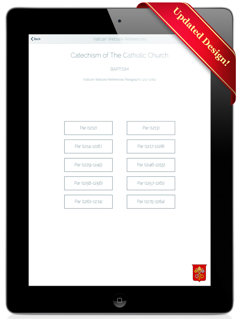 CCCSeries1HD - iPad screenshot of the CCCSeries1HD app showing links to Vatican website references for the Catechism topic of Baptism