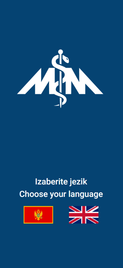 POLIKLINIKA MILMEDIKA - Language selection screen for the Poliklinika Milmedika medical app featuring Montenegrin and English flags