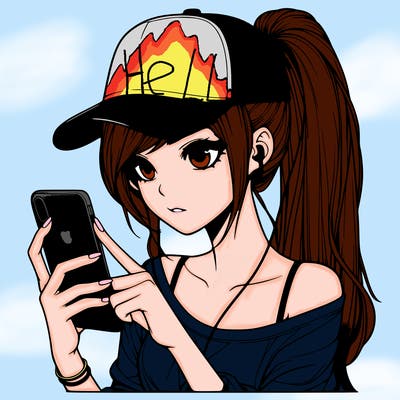realistic girl with a long ponytail and trucker hat holding an iphone