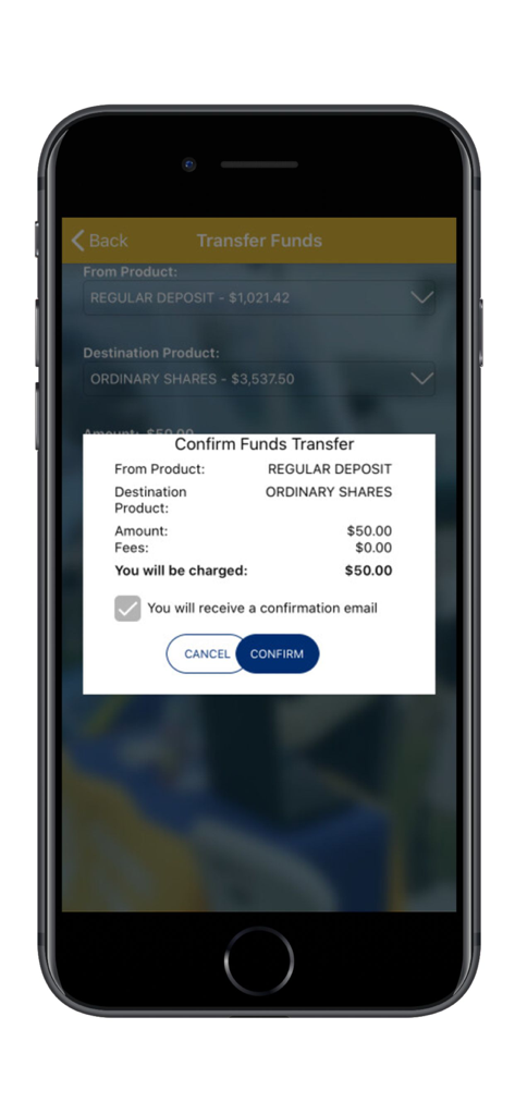 PCCU Mobile App - A confirmation screen in the PCCU Mobile App for transferring fifty dollars from a regular deposit account to ordinary shares on an iPhone.