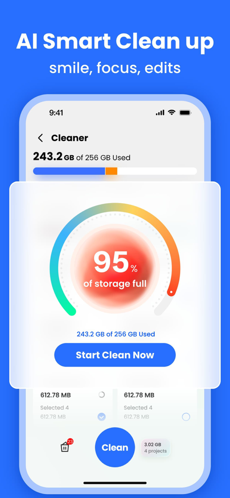 저장 공간 95% 부족 알림과 지금 정리 시작 버튼을 보여주는 모바일 앱 인터페이스