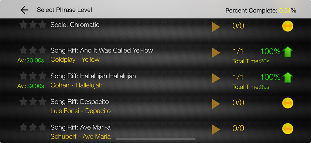 Voice Training app screen displaying a list of song riffs for singing practice with progress tracking stars and percentages