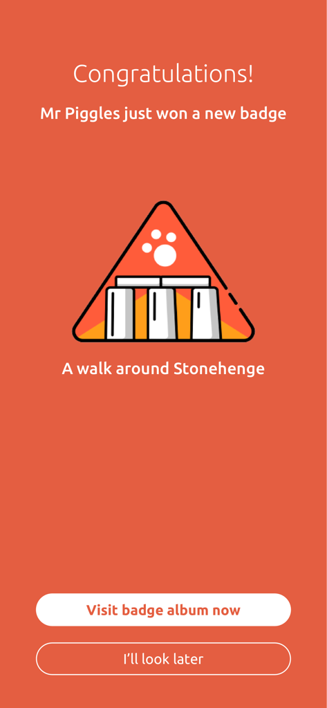 PitPat app congratulating a dog on winning a Stonehenge activity badge.