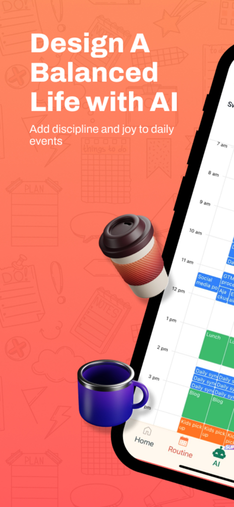 Fhynix: AI Daily Planner, Todo - Fhynix AI daily planner app interface displaying a color-coded schedule for work and personal life balance