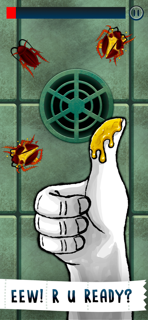 화장실 시간 게임에서 바퀴벌레 옆에 엄지척을 하고 있는 노란색 슬라임이 묻은 만화 손