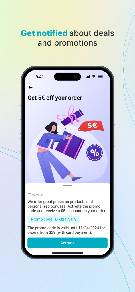 Liki24 — health and beauty - Mobile screen of Liki24 app showing a promotional offer with a discount code for health and beauty products.