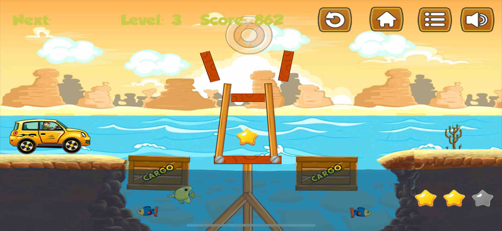 Yellow car waiting to cross a wooden bridge structure in a physics based puzzle game