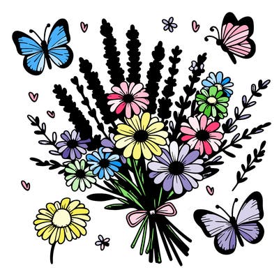 lavender and daisy bouquet with butterfly's around it