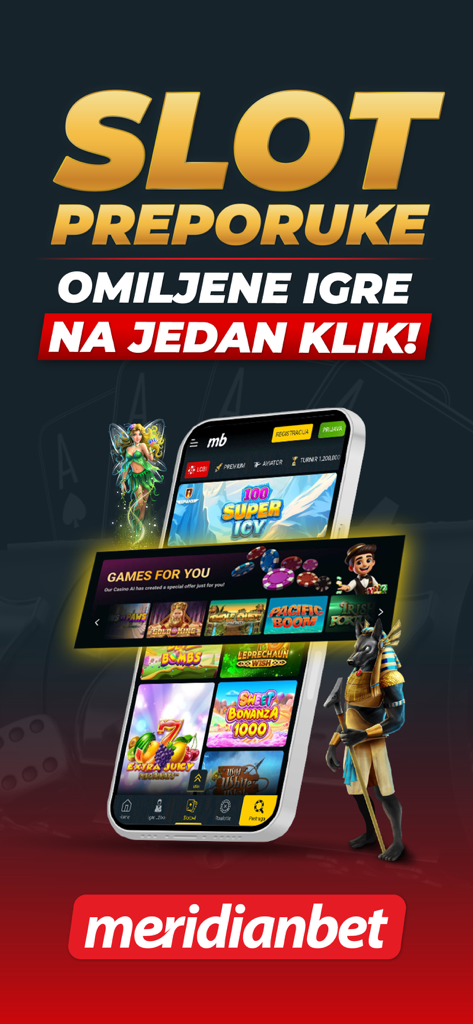 Meridianbet.RS - A mobile screen showing the Meridianbet app with various slot game recommendations and casino features.