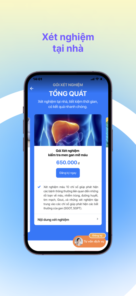 eDoctor - Know Your Health - Screenshot of eDoctor app displaying home health testing services for liver and blood lipid screening
