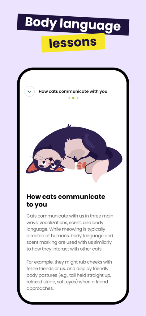 Meowz: Cat Training, Pet Care - Screenshot of Meowz app featuring a lesson on cat body language and communication