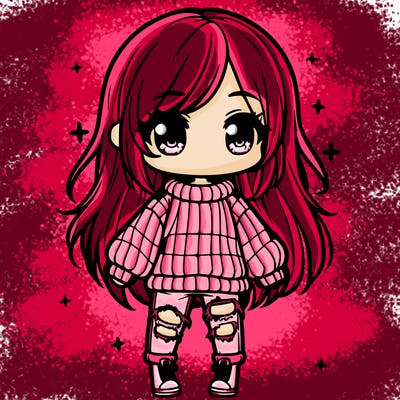 chibi girl with ripped jeans,long hair, and an oversized sweater