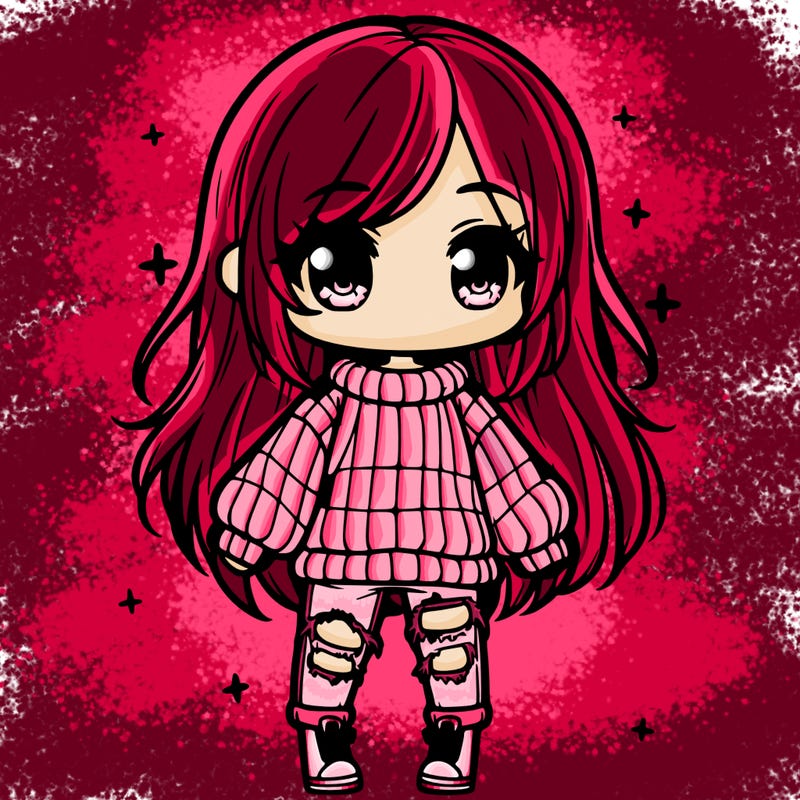 chibi girl with ripped jeans,long hair, and an oversized sweater