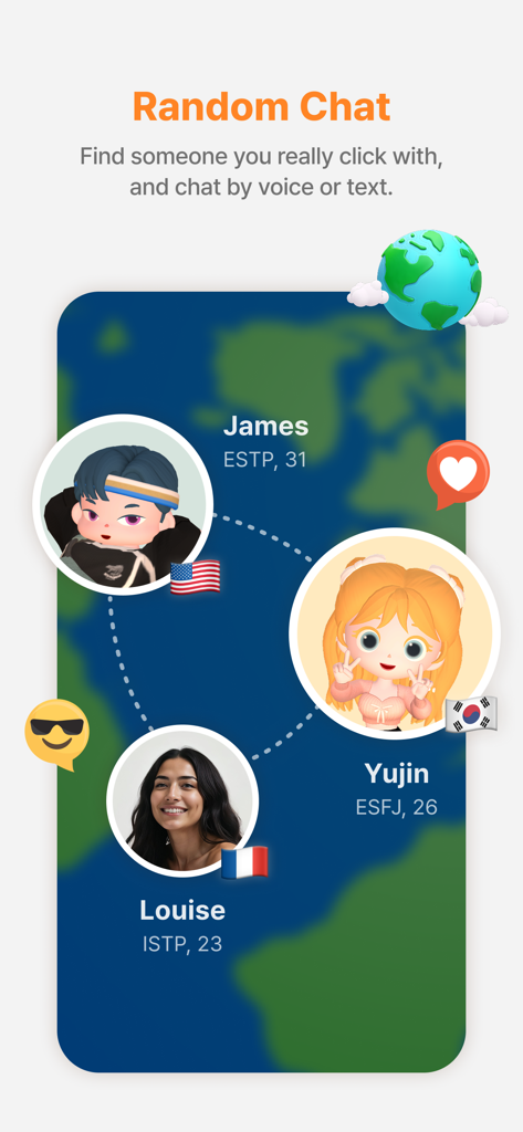 Moii - Heartfelt Connections - Moii app screen showing random chat with international users and their MBTI personality types.