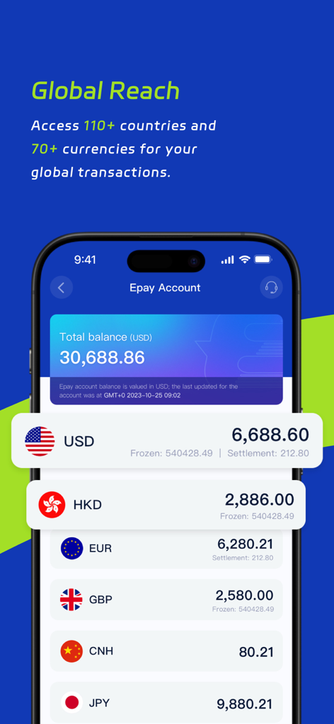 Interfaz de la aplicación Epay Wallet mostrando una cuenta multidivisa con saldos en USD, HKD, EUR y GBP