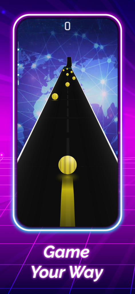 Dancing Ball - Music Hop Ball - Yellow ball rolling on a futuristic dark road with neon purple background