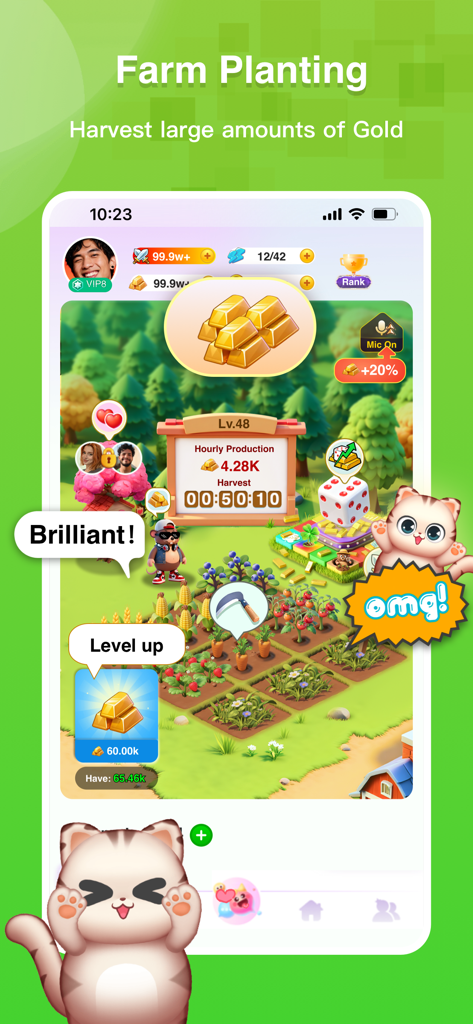 A screenshot of the Hifami app showing the Farm Planting game feature where players harvest gold bars from a virtual farm.