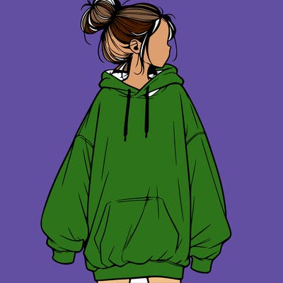 realistic girl with a oversized sweatshirt on and a bun