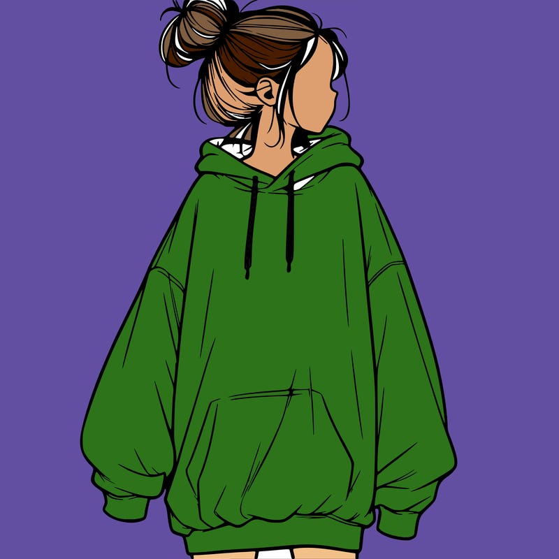 realistic girl with a oversized sweatshirt on and a bun