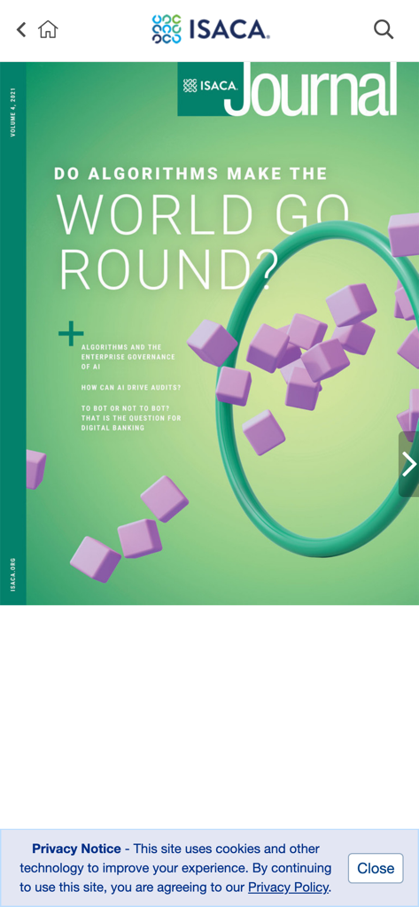 ISACA Journal - La aplicación ISACA Journal mostrando la portada de una revista titulada ¿Los algoritmos hacen girar el mundo? con artículos sobre gobernanza y auditorías de IA.