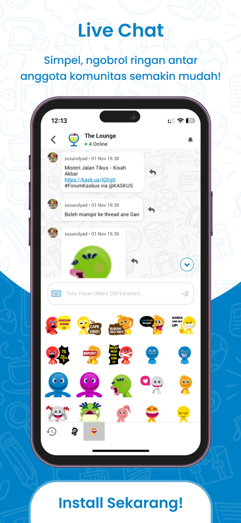 KASKUS Forum: Hobi & Komunitas - KASKUS Forum app screenshot showing the Live Chat interface with community messages and custom stickers.