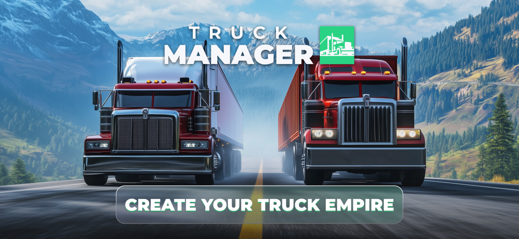 Dos camiones semi circulando por una carretera escénica con el título del juego Truck Manager 2026