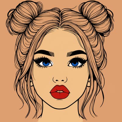 realistic girl with two buns on her hair and lips