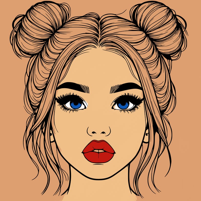 realistic girl with two buns on her hair and lips