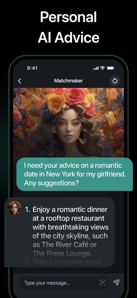 AI Expert - Chatbot Assistant - Mobile interface of the AI Expert app showing a matchmaker chatbot providing romantic date suggestions for New York City.