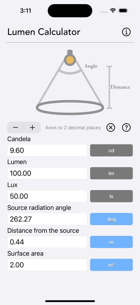 Lumen Calculator - Lumen Calculator App-Oberfläche, die Lichtumrechnungsfelder für Candela, Lumen und Lux anzeigt