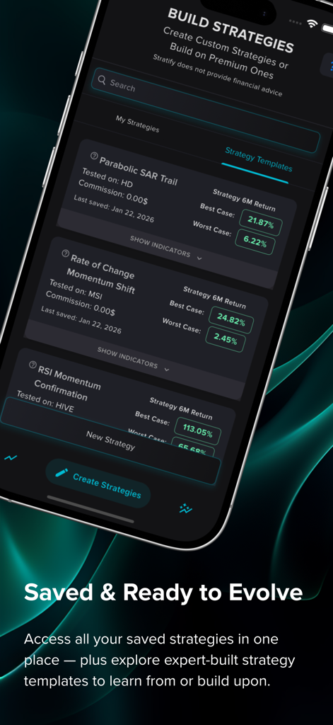 Stratify - Backtesting Wallet - Mobile interface showing a list of saved trading strategies and templates with backtested return statistics.