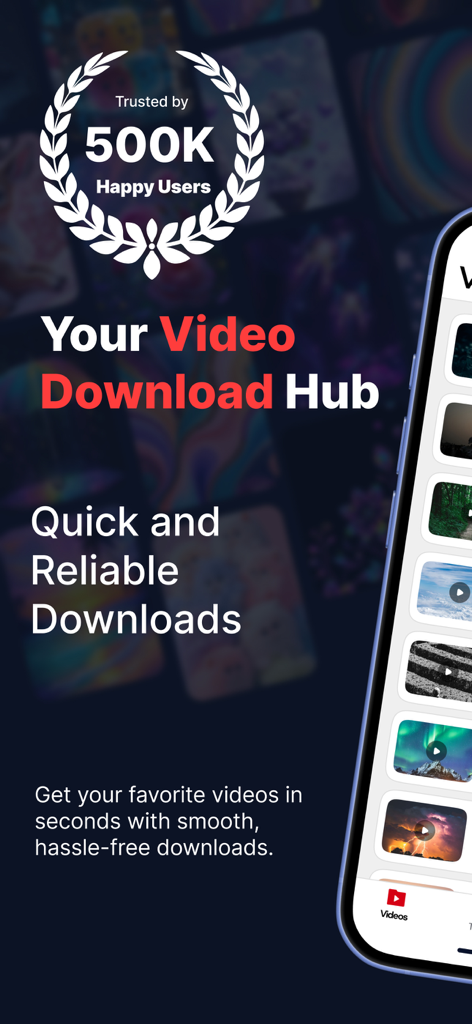 Y2Mate Downloader - Pantalla promocional de la aplicación Y2Mate Downloader que muestra la interfaz del centro de descargas de video y prueba social.