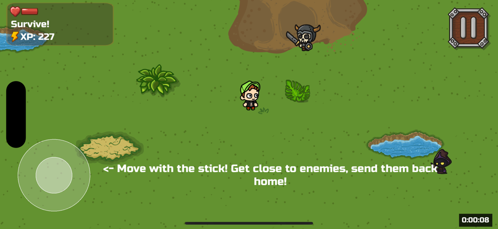 Bruno And Arishnev - Top-down view of a character in the Bruno and Arishnev mobile game survival mode with onscreen joystick and enemies