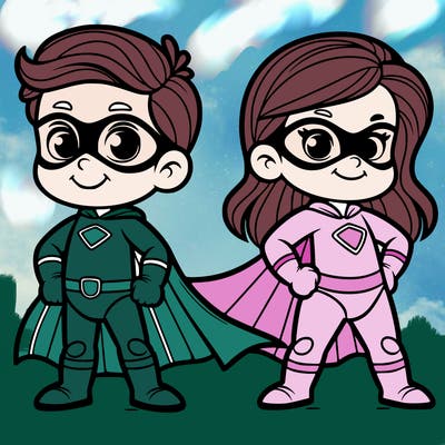 2 superheroes one is a boy of 5 and one is a girl 3 years