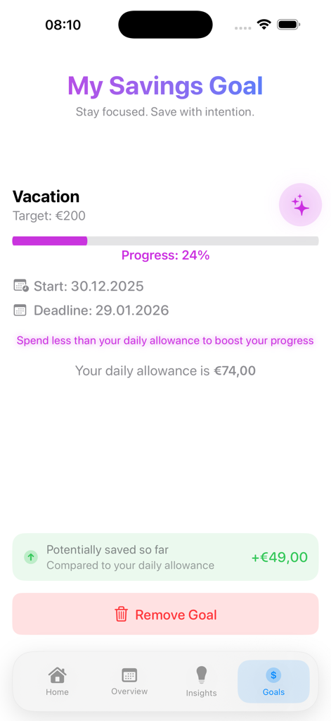WealthRise - WealthRise app screen showing savings goal progress for a vacation and a recommended daily allowance.
