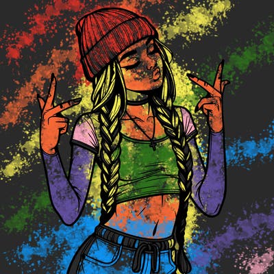 realistic teenage girl with braids and a beanie and crop top doing 🫶🏼
